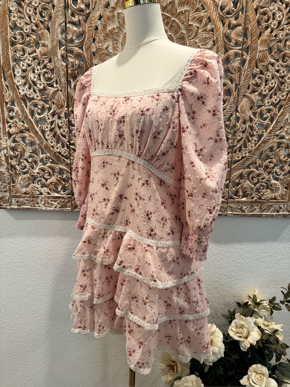 Lulus Lasting Bliss Pink Floral Coquette Ruffled Square Neck Summer Mini Dress - Picture 5 of 16
